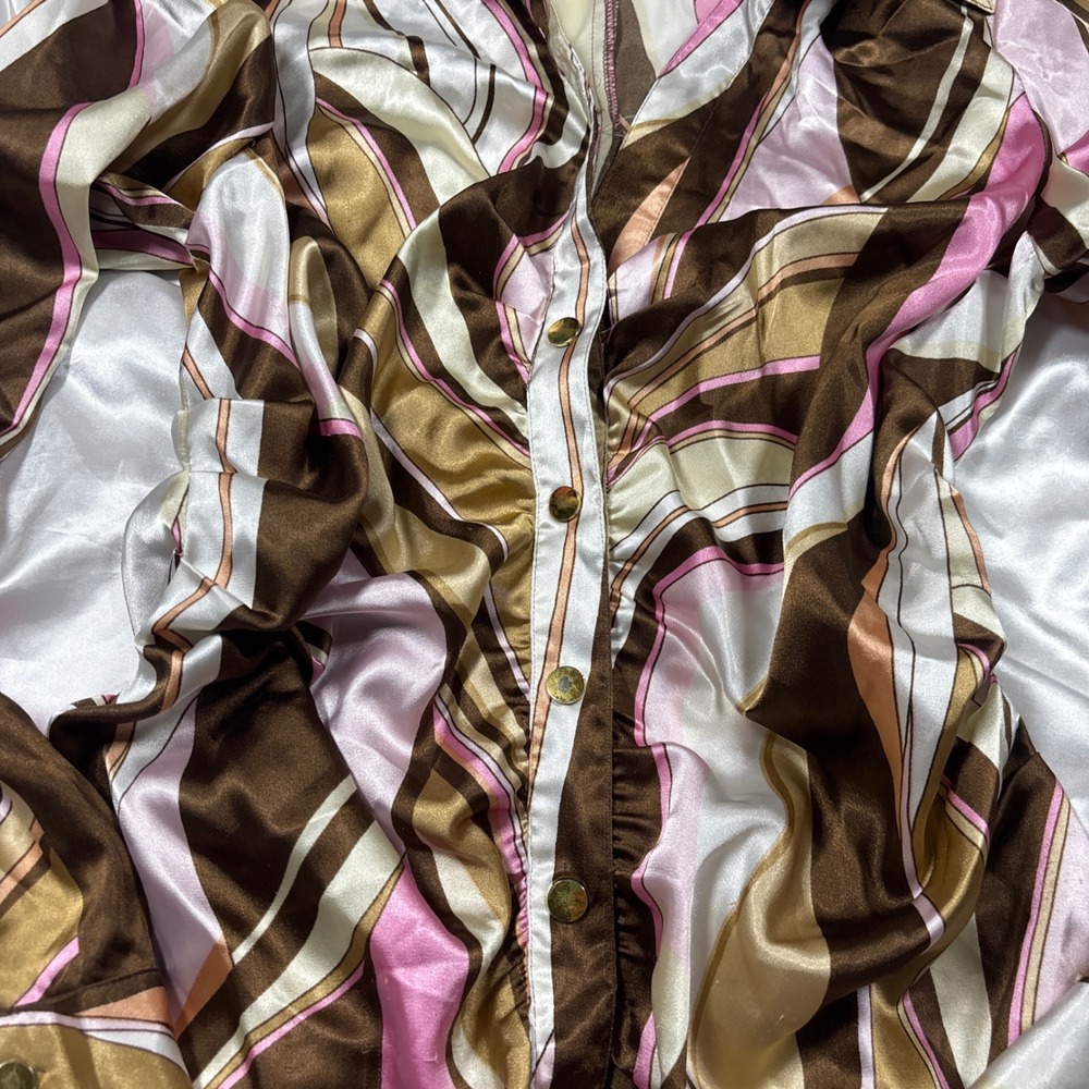 y2k Cache Blouse Brown Pink Good Psychedelic Swirl Ruched Satin Button Down Top - Picture 3 of 8